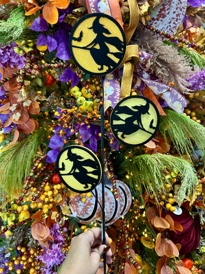 30 Inch Black And Yellow Glitter Felt Flying Witch Spray
