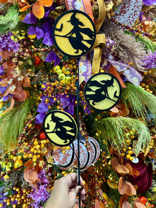 30 Inch Black And Yellow Glitter Felt Flying Witch Spray