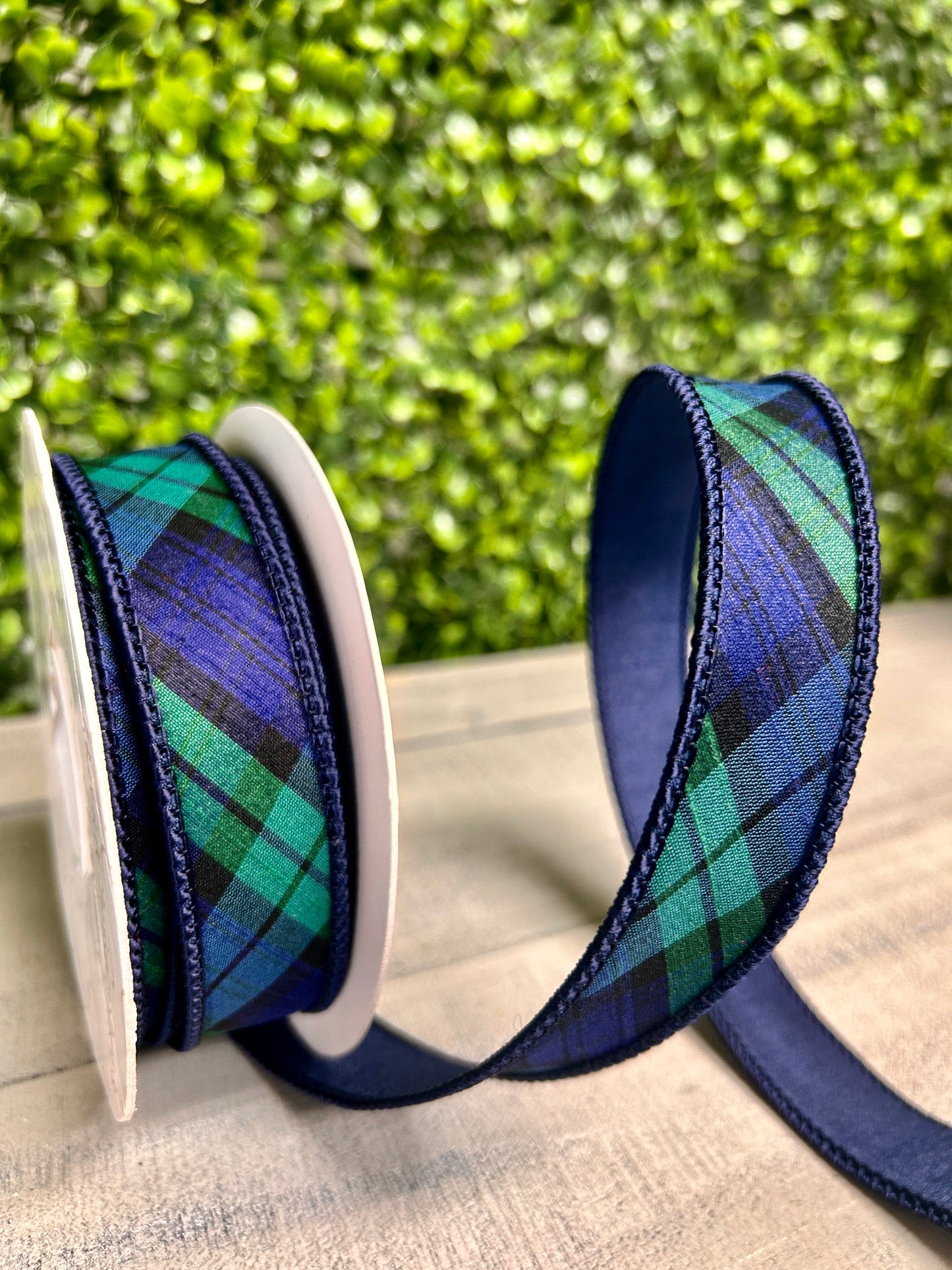 David Christopher 1 Inch By 10 Yard Navy Blue and Evergreen Plaid Ribbon