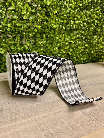 2.5 Inch By 10 Yard Black And White Glitter Harlequin Ribbon