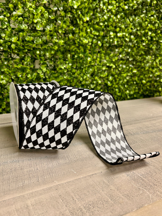 2.5 Inch By 10 Yard Black And White Glitter Harlequin Ribbon