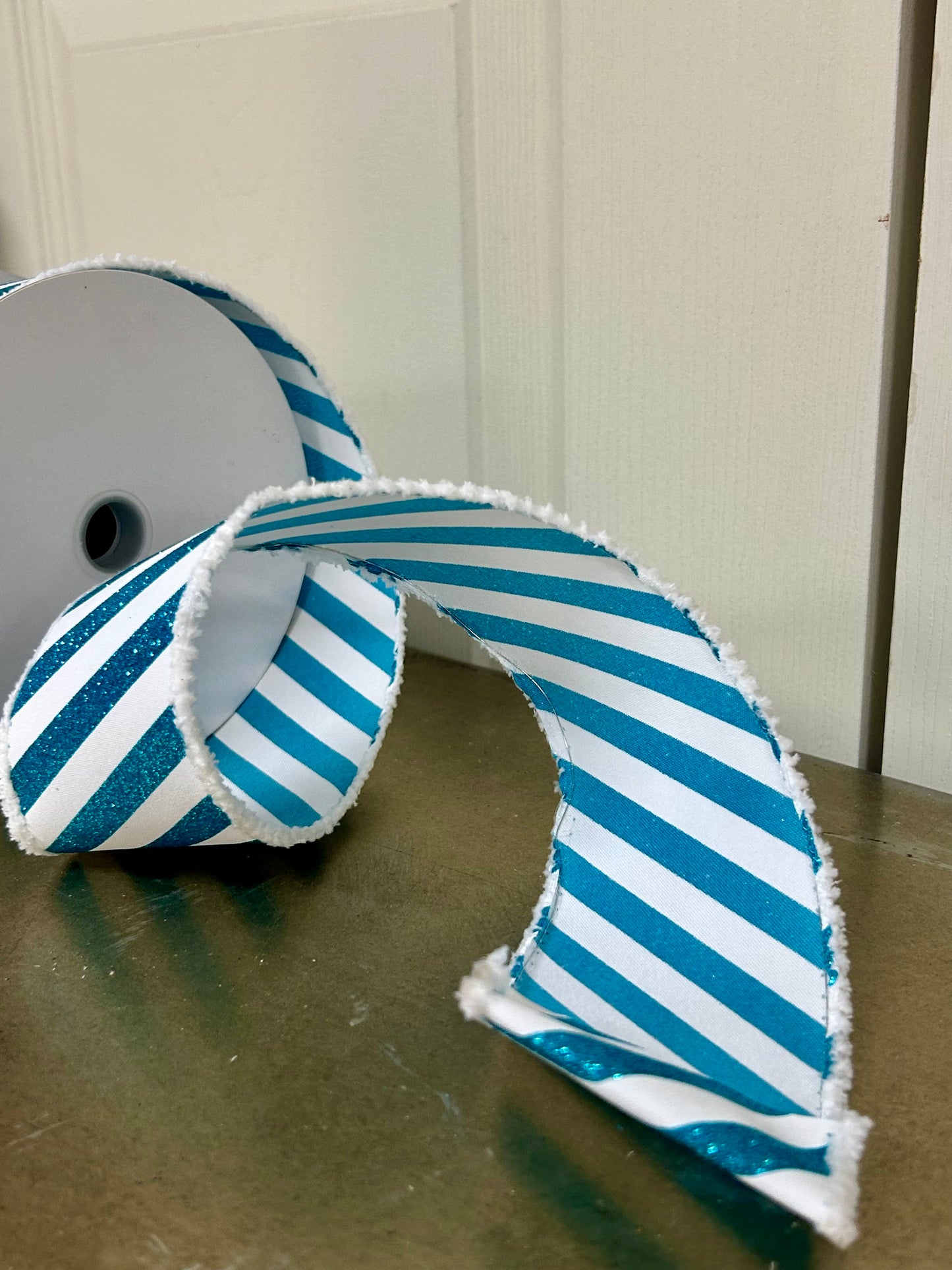 2.5 Inch By 10 Yard Teal Glitter And White Diagonal Stripe With White Fuzzy Edging Ribbon