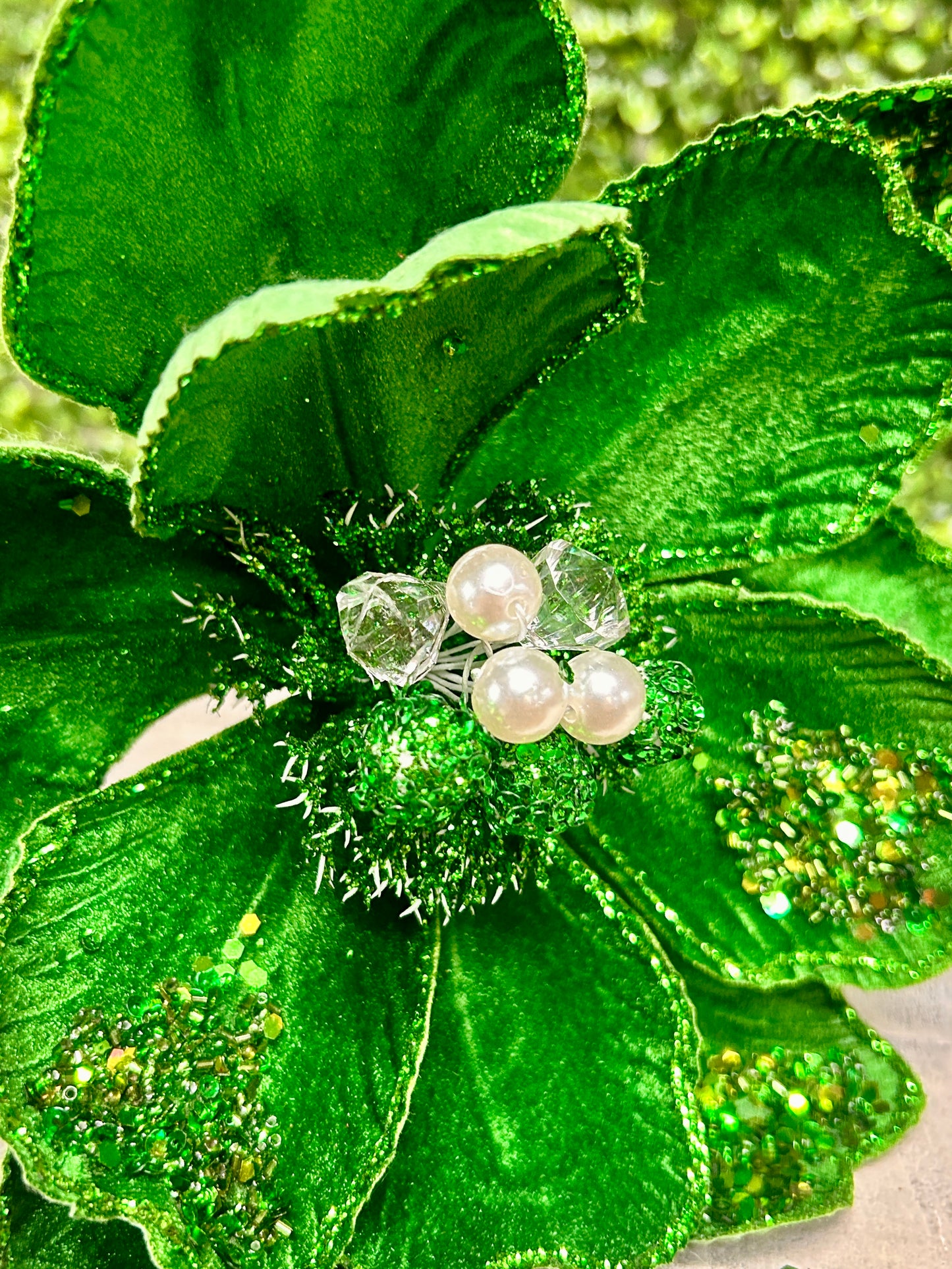 22 Inch Emerald Green Glitter Sequin And Bead Magnolia Spray