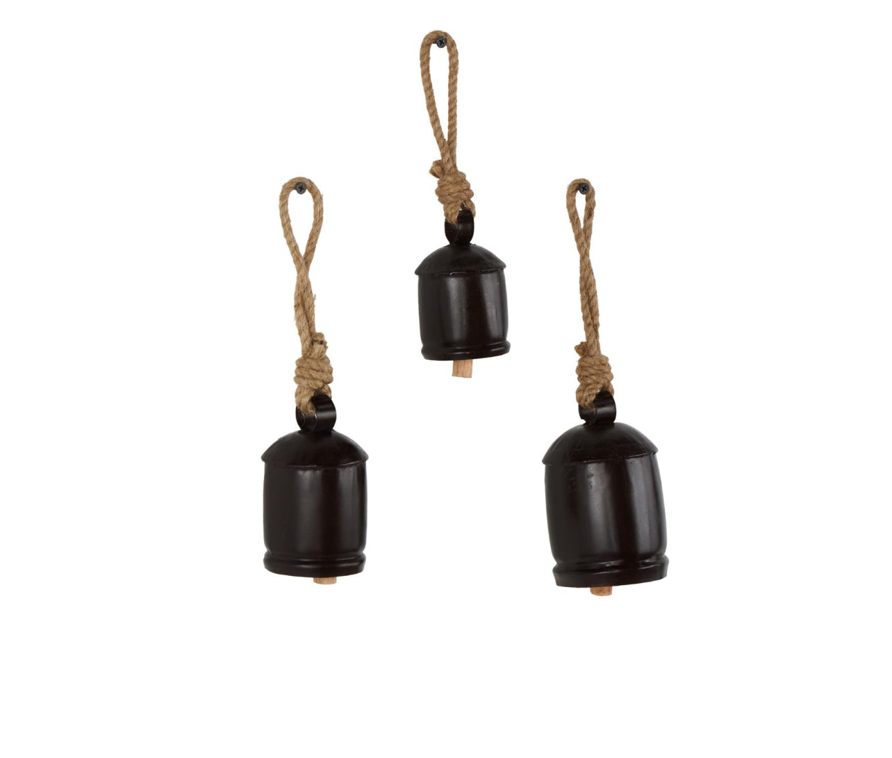 Black Metal Tibetan Inspired Indoor Outdoor Decorative Cow Bells With Jute Hanging Rope Set Of Three