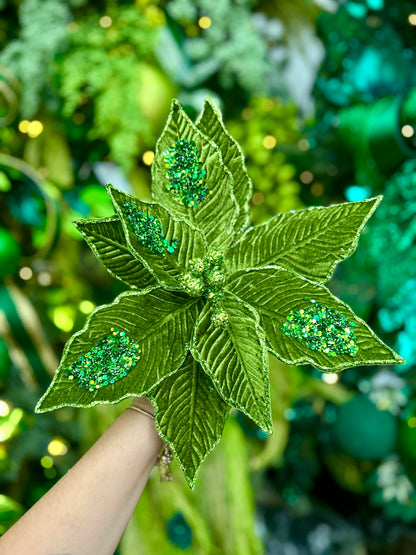 22 Inch Olive Velvet Sequined Poinsettia Stem