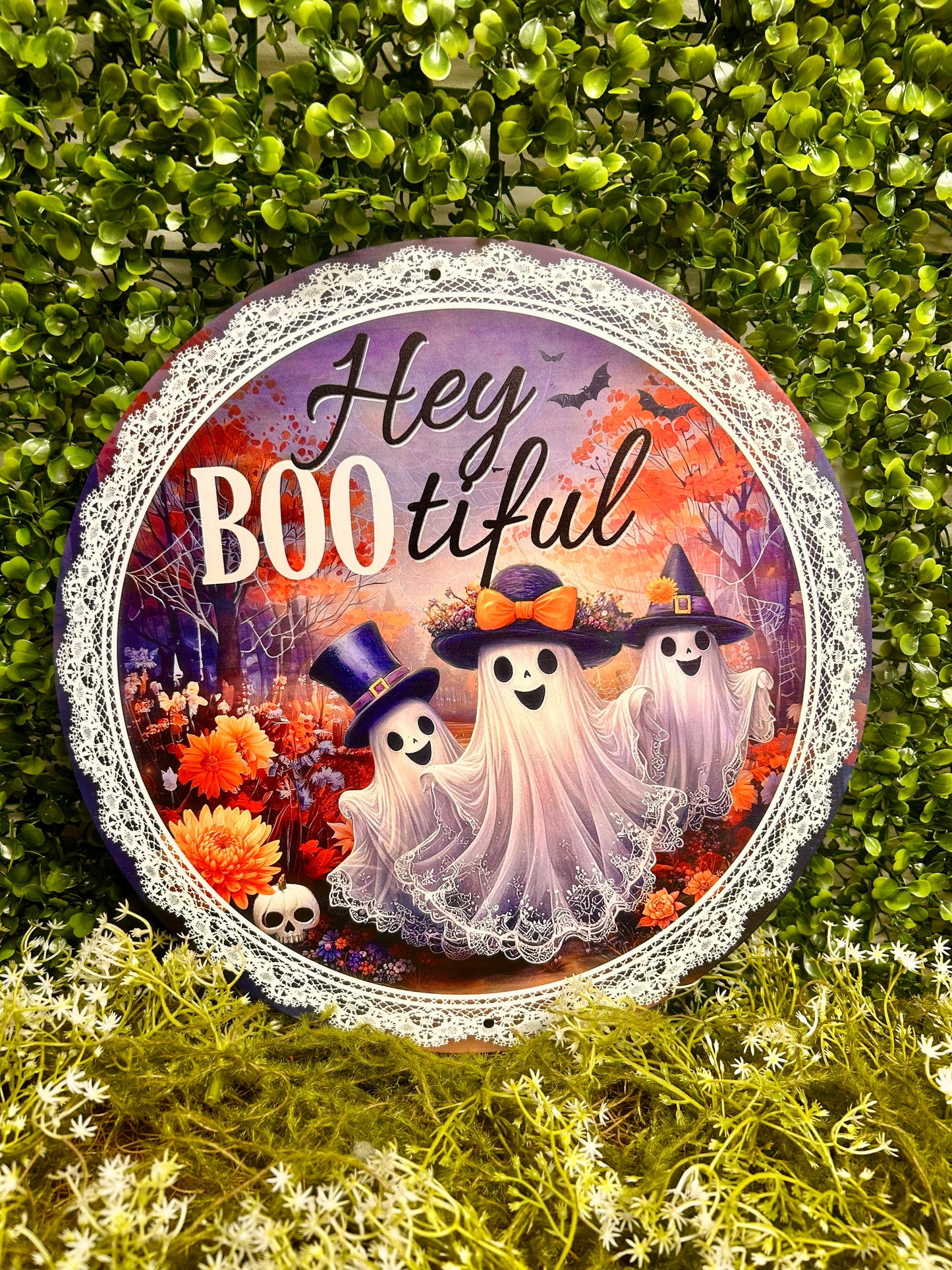 12 Inch Hey Boo-tiful With Ghosts Metal Sign