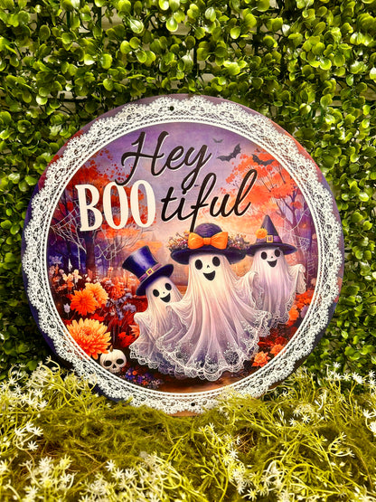 12 Inch Hey Boo-tiful With Ghosts Metal Sign