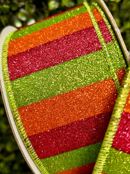 2.5 Inch By 10 Yard Hot Pink Orange And Lime Glitter Stripe Fused Ribbon