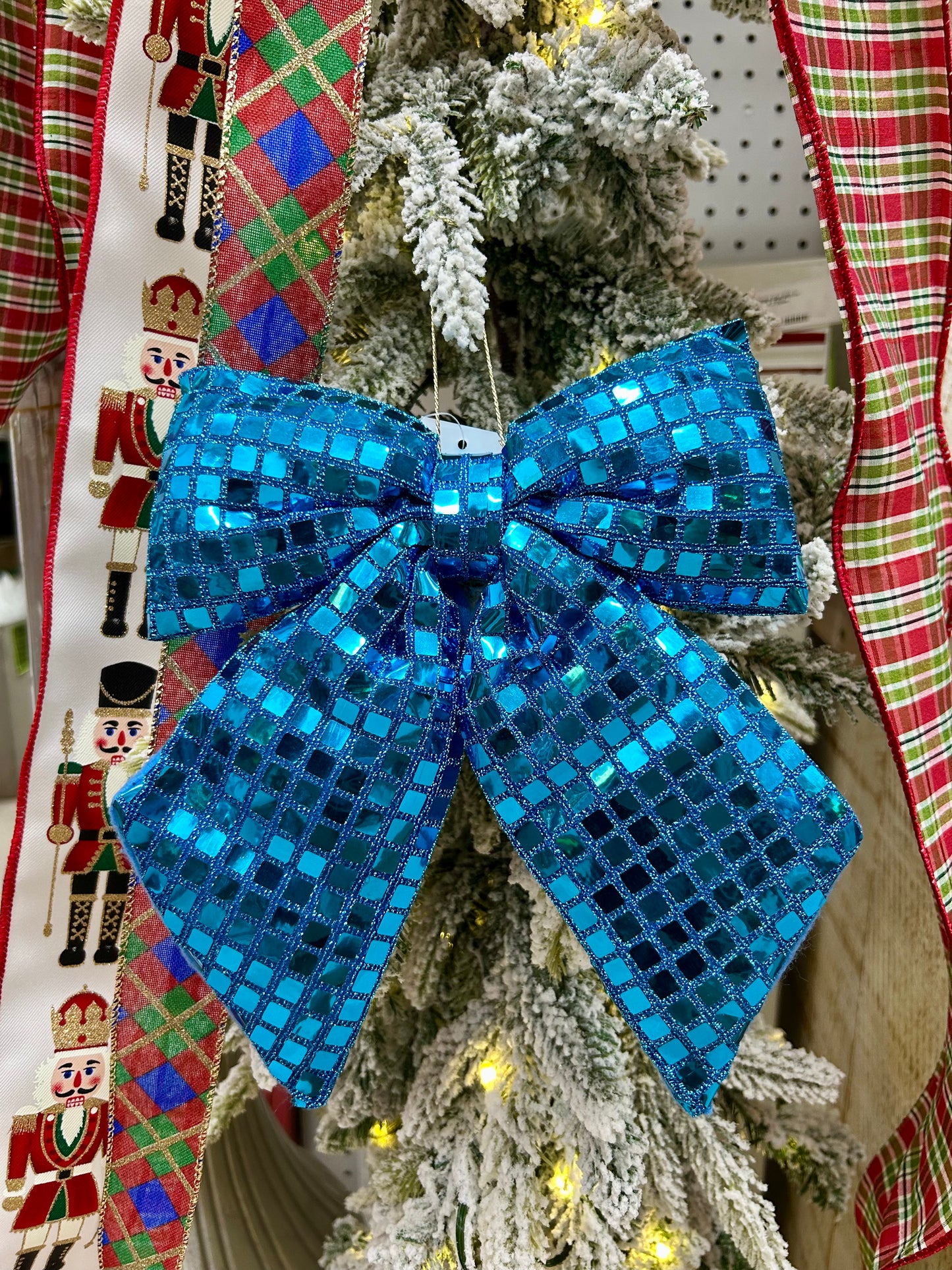 9.25 Inch Plush Aqua Bow Ornament