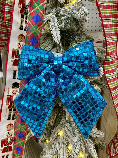 9.25 Inch Plush Aqua Bow Ornament