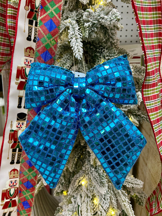 9.25 Inch Plush Aqua Bow Ornament