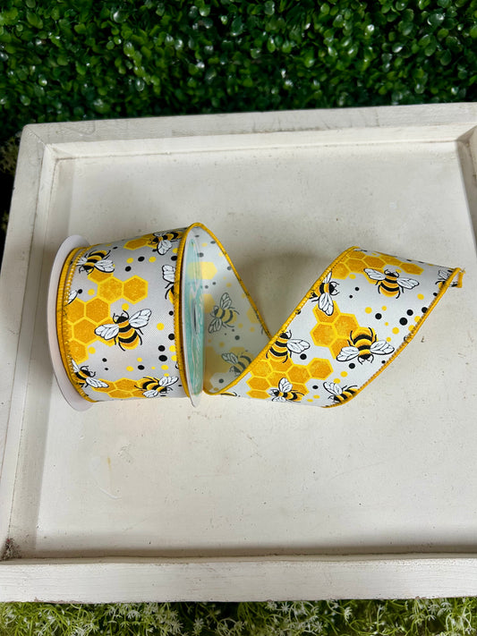2.5 Inch By 10 Yard Bumblebees With Honeycombs Ribbon