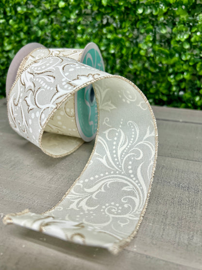 2.5 Inch By 10 Yard Ivory And White Leaf Filagree With Polka Dot Ribbon