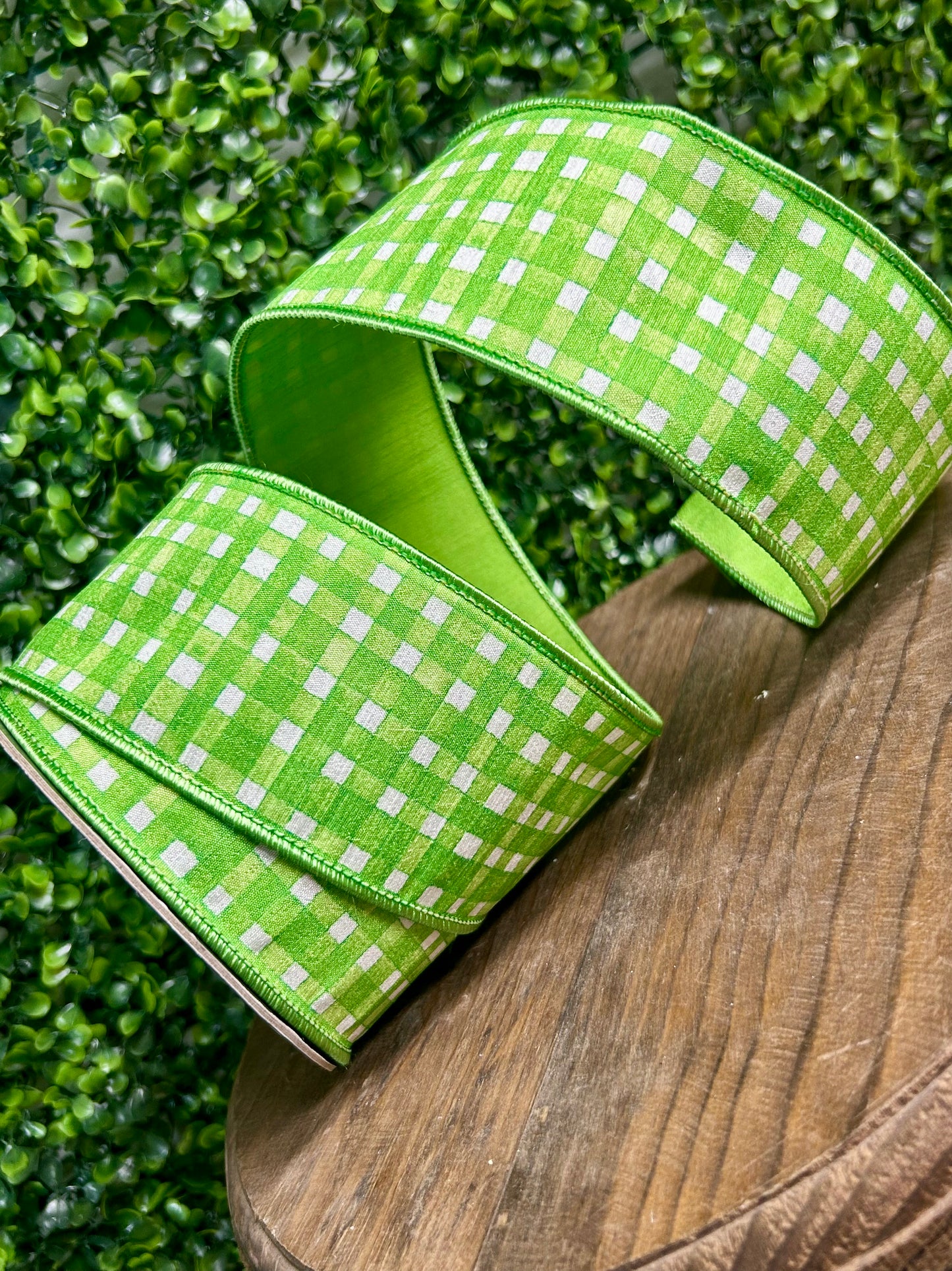 2.5 Inch Green Watercolor Check Deluxe Dupioni Backed Wired Edge Ribbon