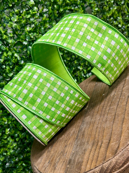 2.5 Inch Green Watercolor Check Deluxe Dupioni Backed Wired Edge Ribbon