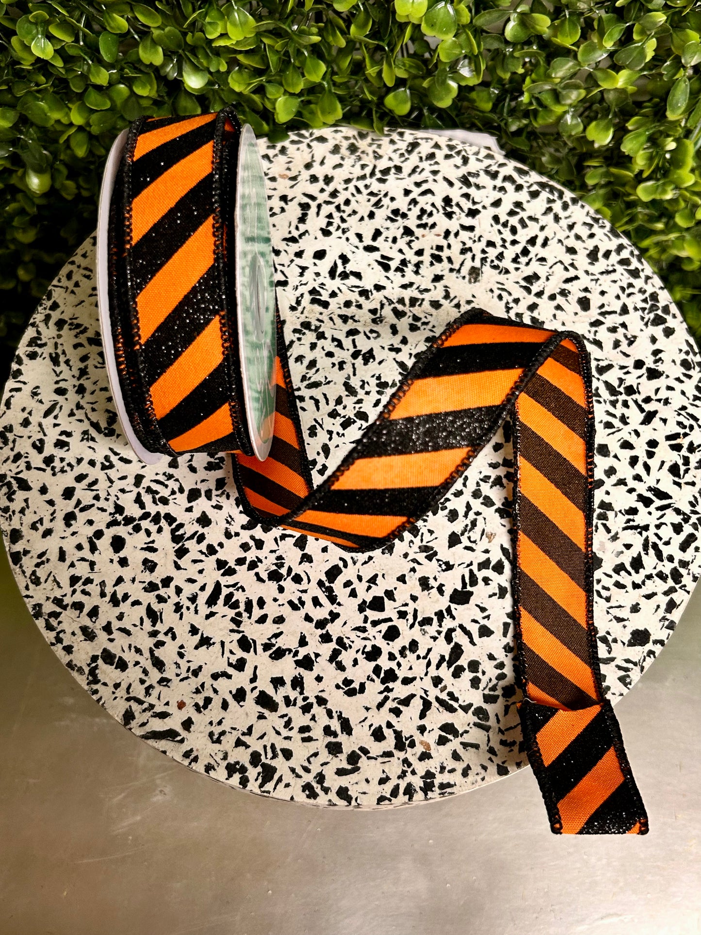 7/8 Inch By 10 Yard Orange And Black Diagonal Glitter Stripe Ribbon