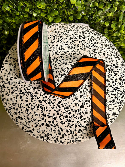 7/8 Inch By 10 Yard Orange And Black Diagonal Glitter Stripe Ribbon