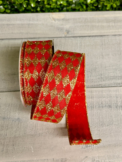 1.5 Inch By 10 Yard Red And Gold Glitter Harlequin Ribbon