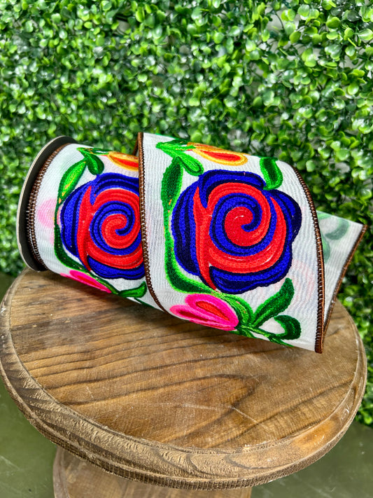 4 Inch By 5 Yard Flower Embroidery Stitches Wired Edge Ribbon