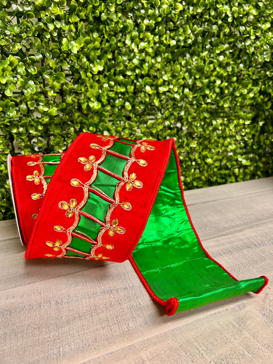 David Christopher 4 Inch By 5 Yard Regal Uniform Jeweled Trim on Red Velvet With Green Back Ribbon