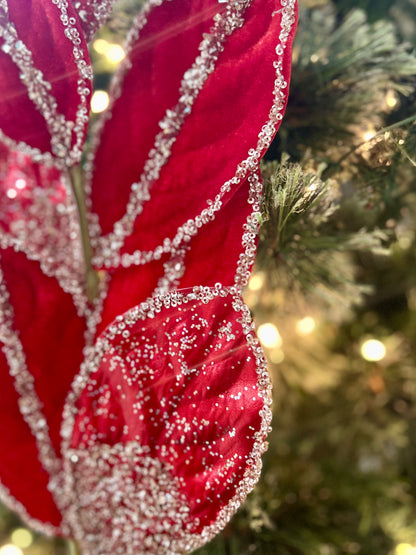 27.5 Red And Champagne Metallic Velvet Magnolia Leaf Spray