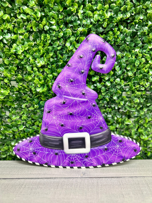 12 Inch Purple And Black Metal Web Witch Hat Sign