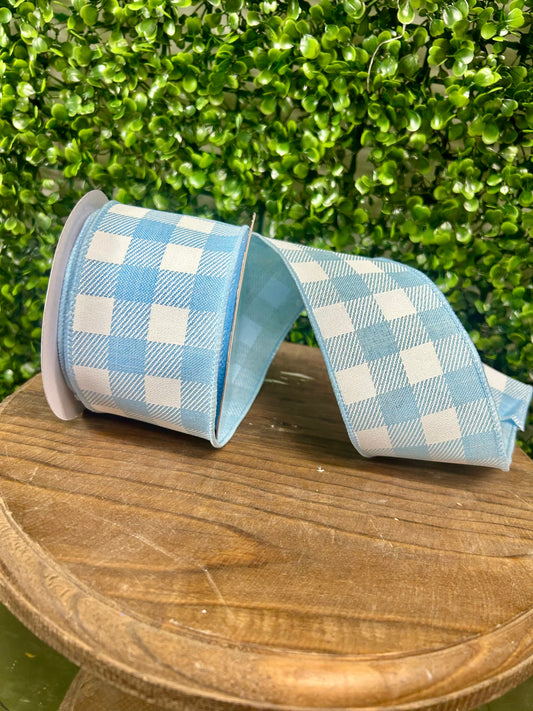 2.5 Inch By 10 Yard Pale Blue And White Striped Check On Royal Ribbon