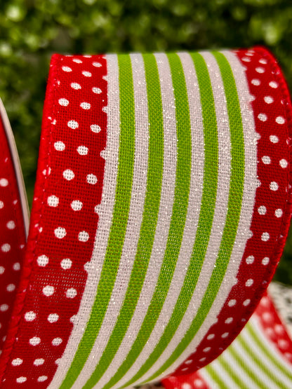 2.5 Inch By 10 Yard Red And Lime Green Vertical Stripe Polka Dot Edge Ribbon