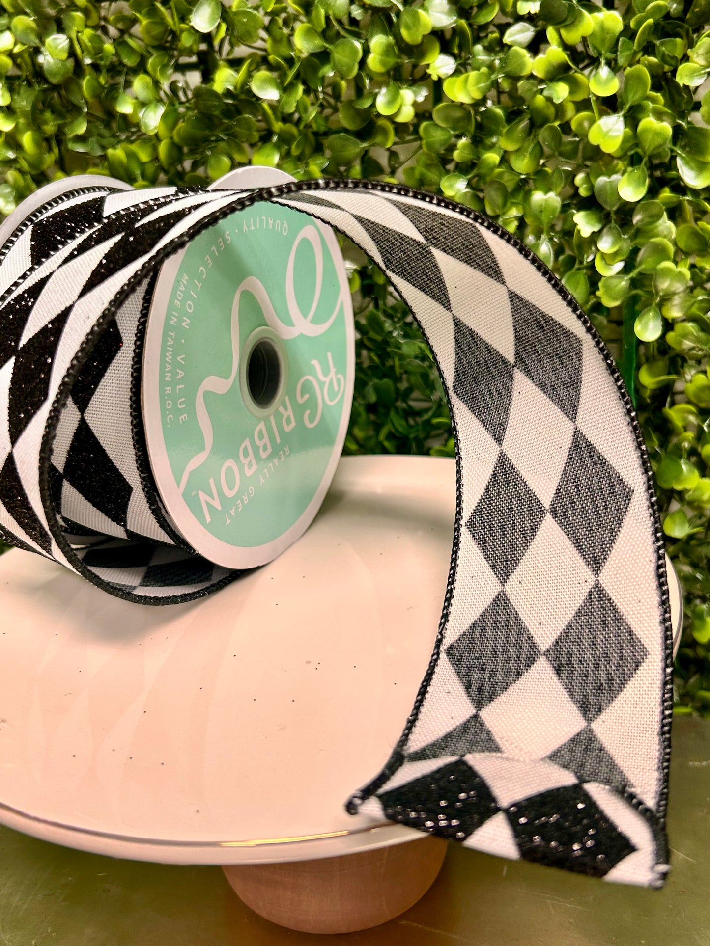 2 Inch By 10 Yard Black And White Glitter Harlequin Glitter Check Ribbon