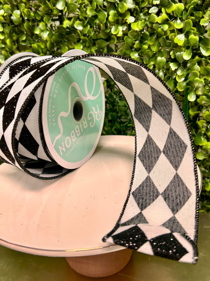 2 Inch By 10 Yard Black And White Glitter Harlequin Glitter Check Ribbon