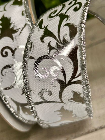 1.5 Inch By 10 Yard White And Silver Metallic Foil Swirl Leaf Ribbon