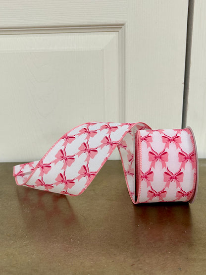 2.5 Inch By 10 Yard Pink Bows On White Background Ribbon