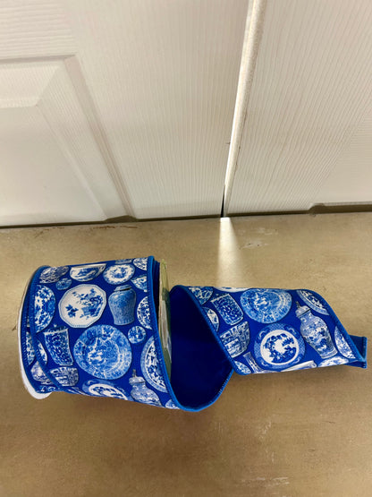 4 Inch By 10 Yard Chinoiserie Print Canvas And Dupioni Ribbon