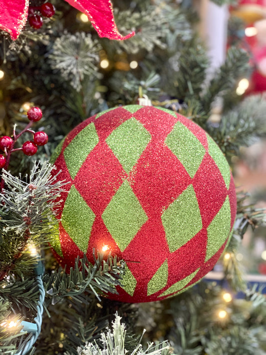 Apple Green And Red Harlequin Print Glitter Ball Ornament