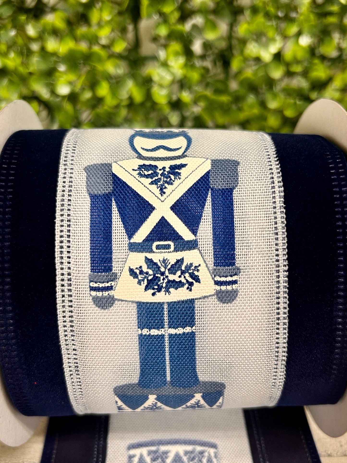 4 Inch By 10 Yard Navy Chinoiserie Nutcracker With Navy Velvet Edge Ribbon