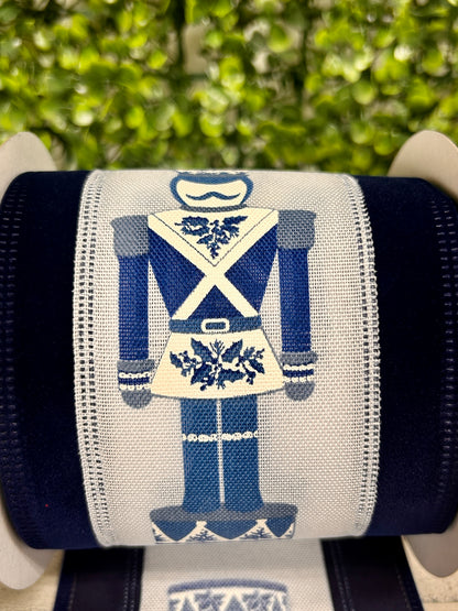 4 Inch By 10 Yard Navy Chinoiserie Nutcracker With Navy Velvet Edge Ribbon