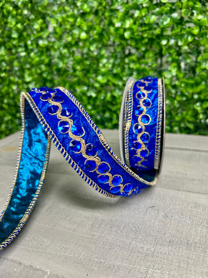 John Mark 1 Inch By 5 Yard Blue Jeweled Trim Metallic Dupioni Blue Ribbon