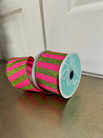 2.5 Inch By 10 Yard Hot Pink And Lime Green Horizontal Glitter Stripes Ribbon