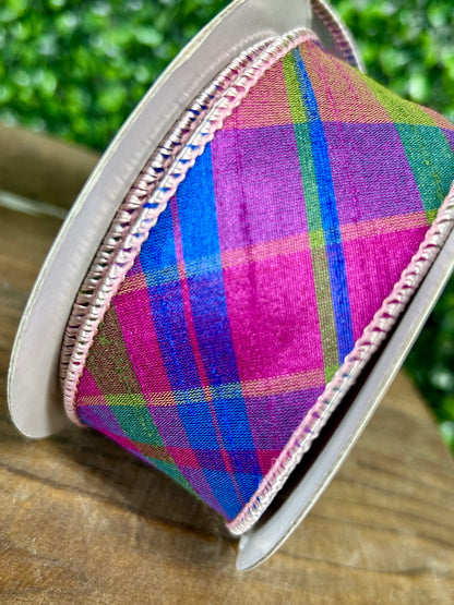 1.5 Inch By 5 Yard Magenta Plaid Diagonal Dupioni Deluxe Wired Edge Ribbon