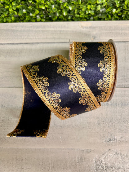 2.5 Inch By 10 Yard Navy Gold And Champagne Lux Scallop Trim Ribbon