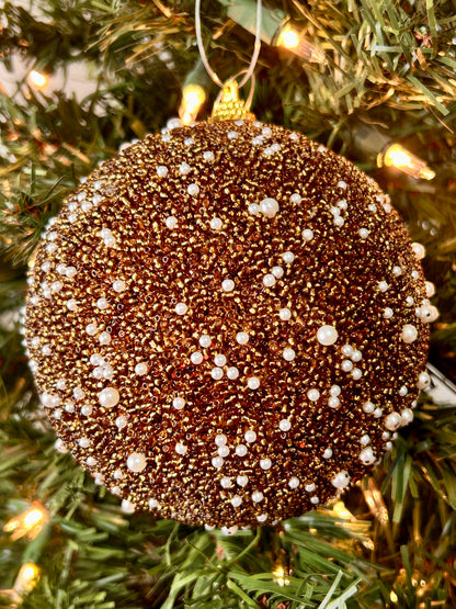 5 Inch Copper Seed Bead And Pearl Embellished Round Ornament