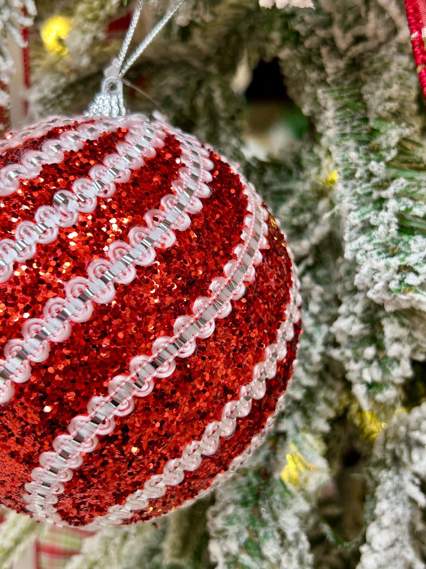 5 Inch Red And White Sequin Ball Ornament