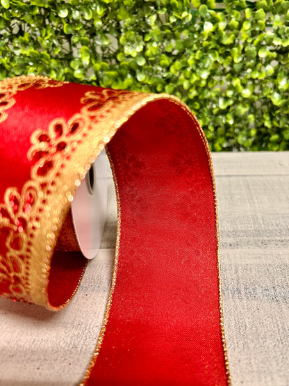 2.5 Inch By 10 Yard Red And Gold Lux Scallop Trim Ribbon