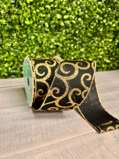 2.5 Inch By 10 Yard Black And Gold Glitter Swirl Ribbon