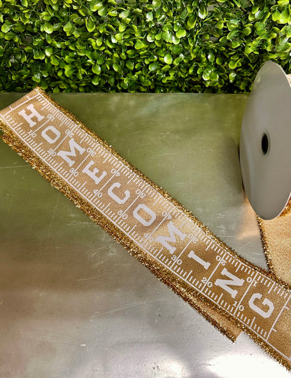 2.5 Inch By 10 Yard Gold And White Football Homecoming With Tinsel Edge Ribbon