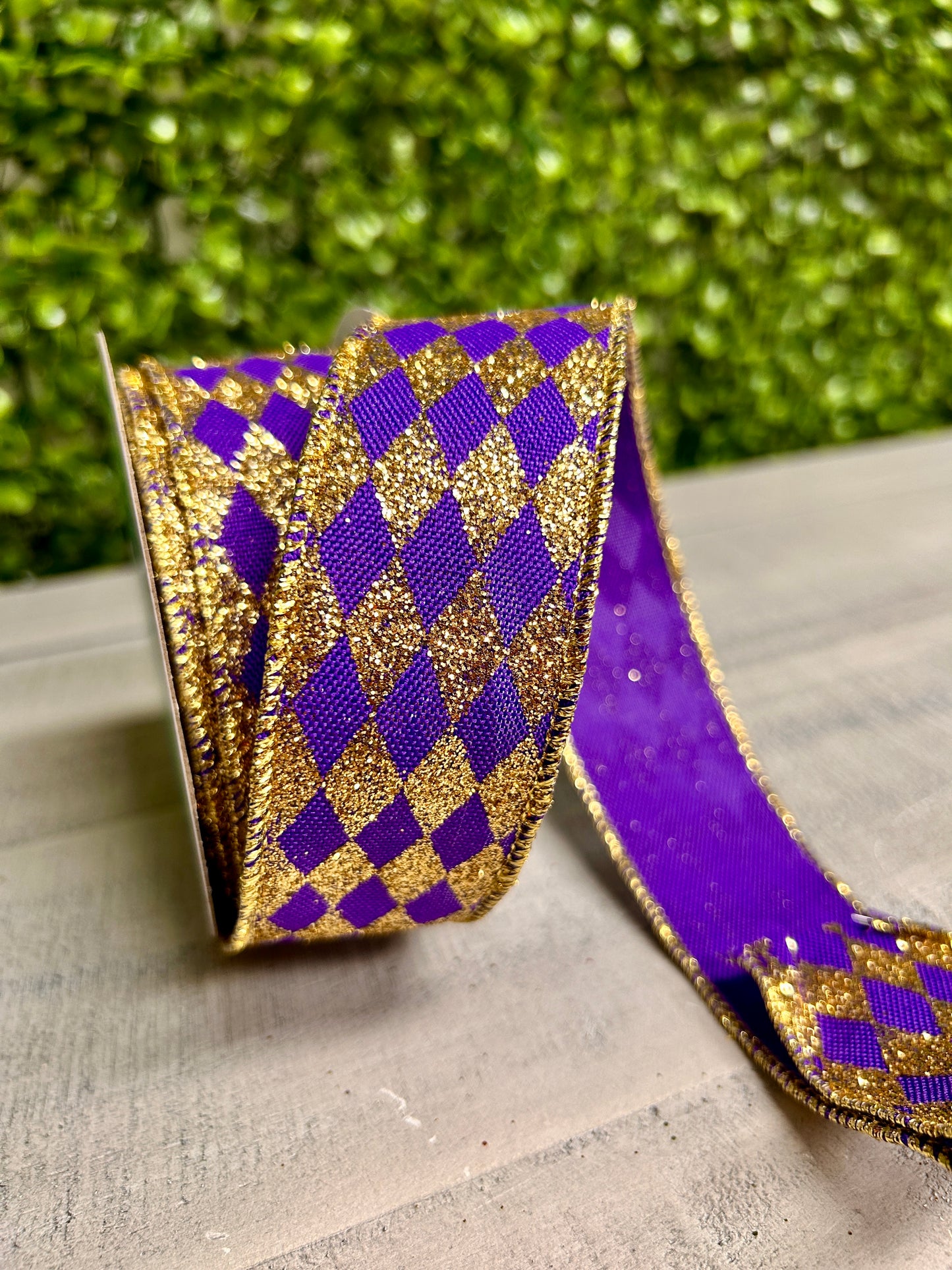 1.5 Inch By 10 Yard Purple And Gold Glitter Harlequin Ribbon