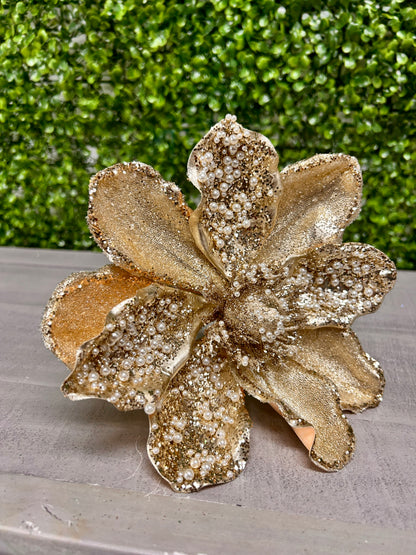 17 Inch Pearl Beaded Gold Magnolia Stem