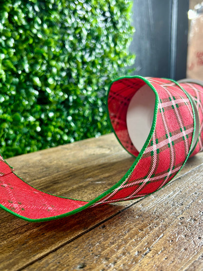 2.5 Inch By 10 Yard Red And Green Lattice Pattern Check Linen Ribbon