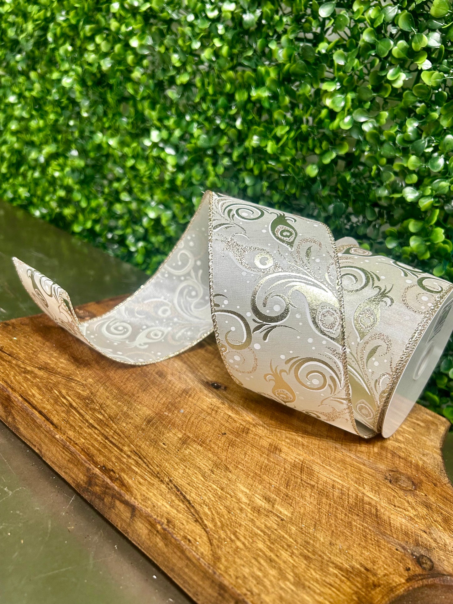 2.5 Inch By 10 Yard Champagne Peacock Swirls Ribbon