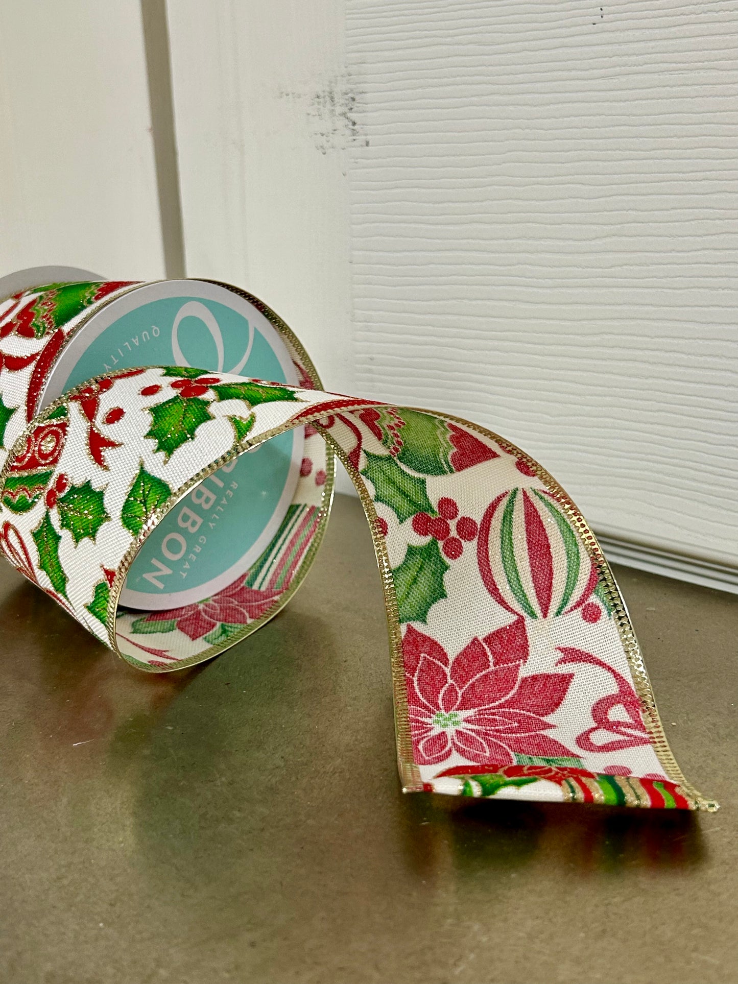 2.5 Inch By 10 Yard Poinsettia And Ornaments Ribbon